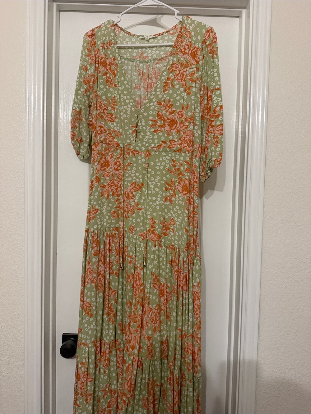 Sage Green Maxi Dress with Orange Floral Print
